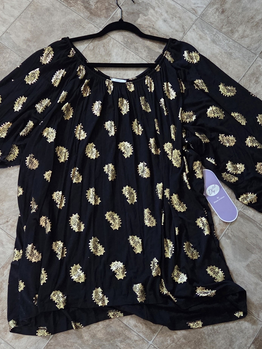NWT Diane Gilman Black & Gold Foil Bubble Sleeve Women's Top 2x